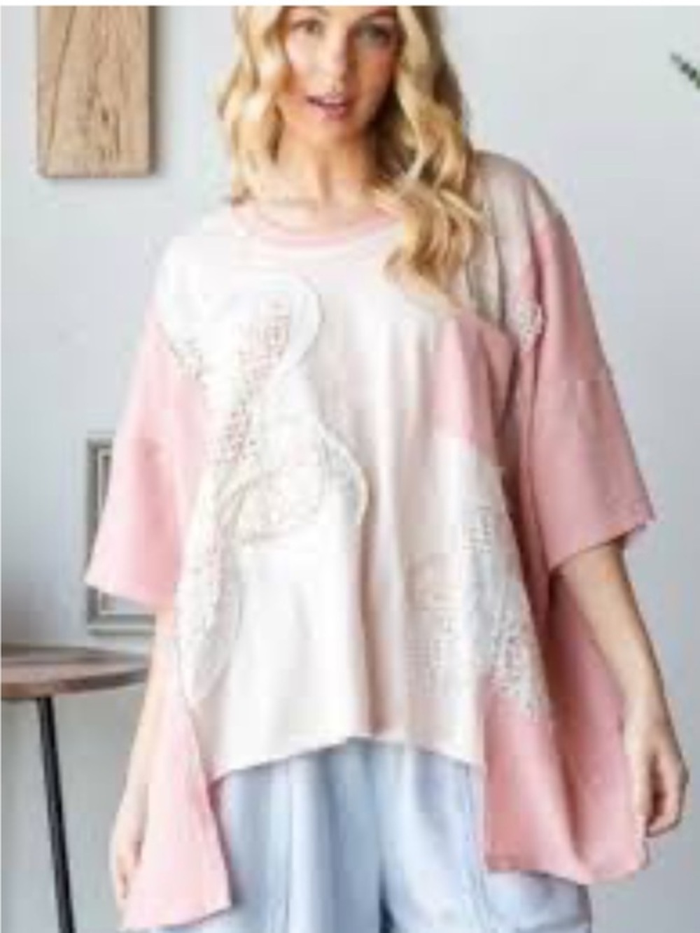 Oli & Hali Oversized Quilted Patchwork Pink Mixed Media Short Sleeve Top Medium